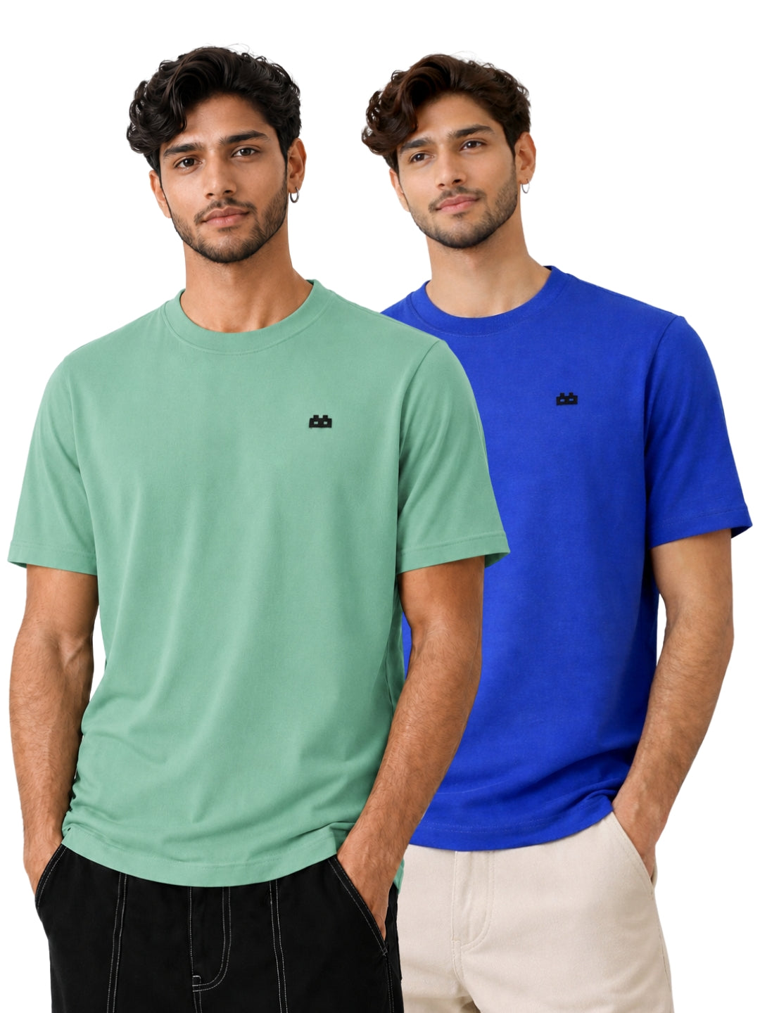 Boxy Crew Men 100% Cotton Regular Fit Round Neck Half Sleeve Solid Casual T-Shirt Combo Pack of 2 | Pista Green + Royal Blue front studio view