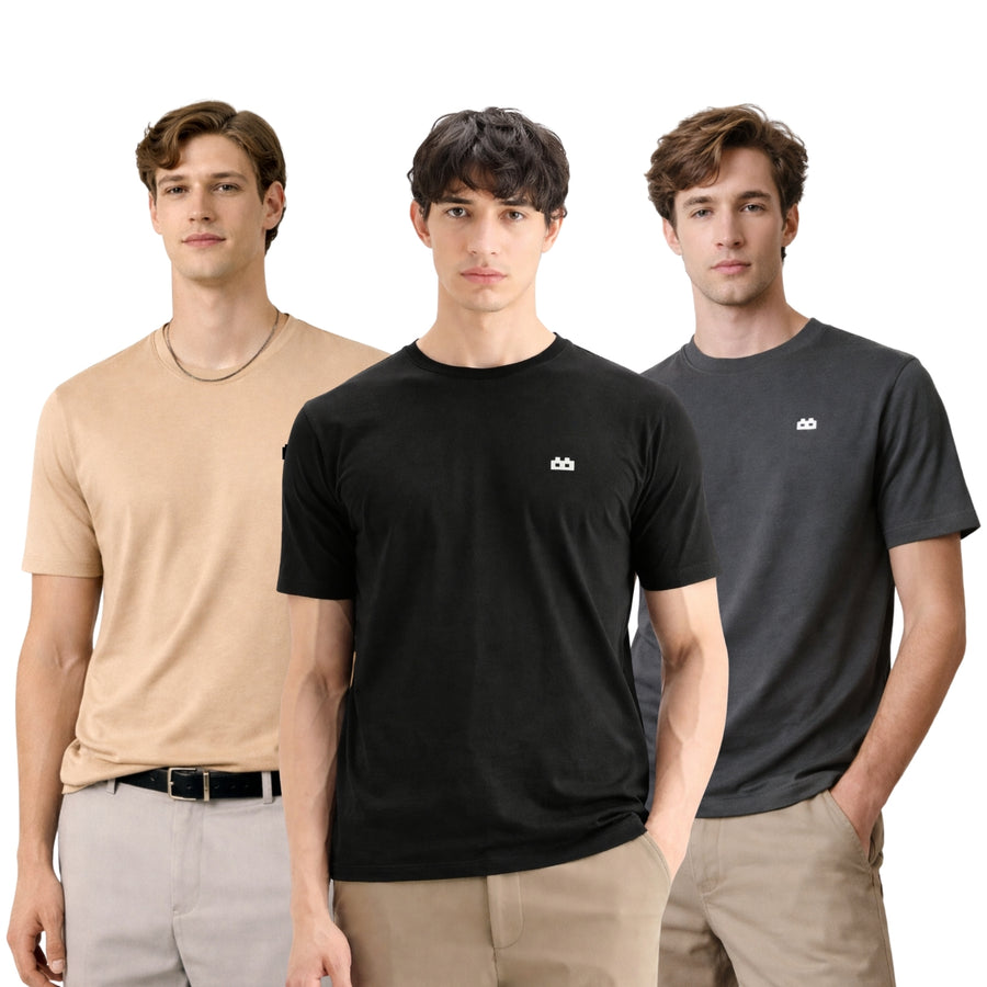Boxy Crew Men 100% Cotton Regular Fit Round Neck Half Sleeve Solid T-Shirt Combo Pack of 3 | Beige + Black Core front studio view