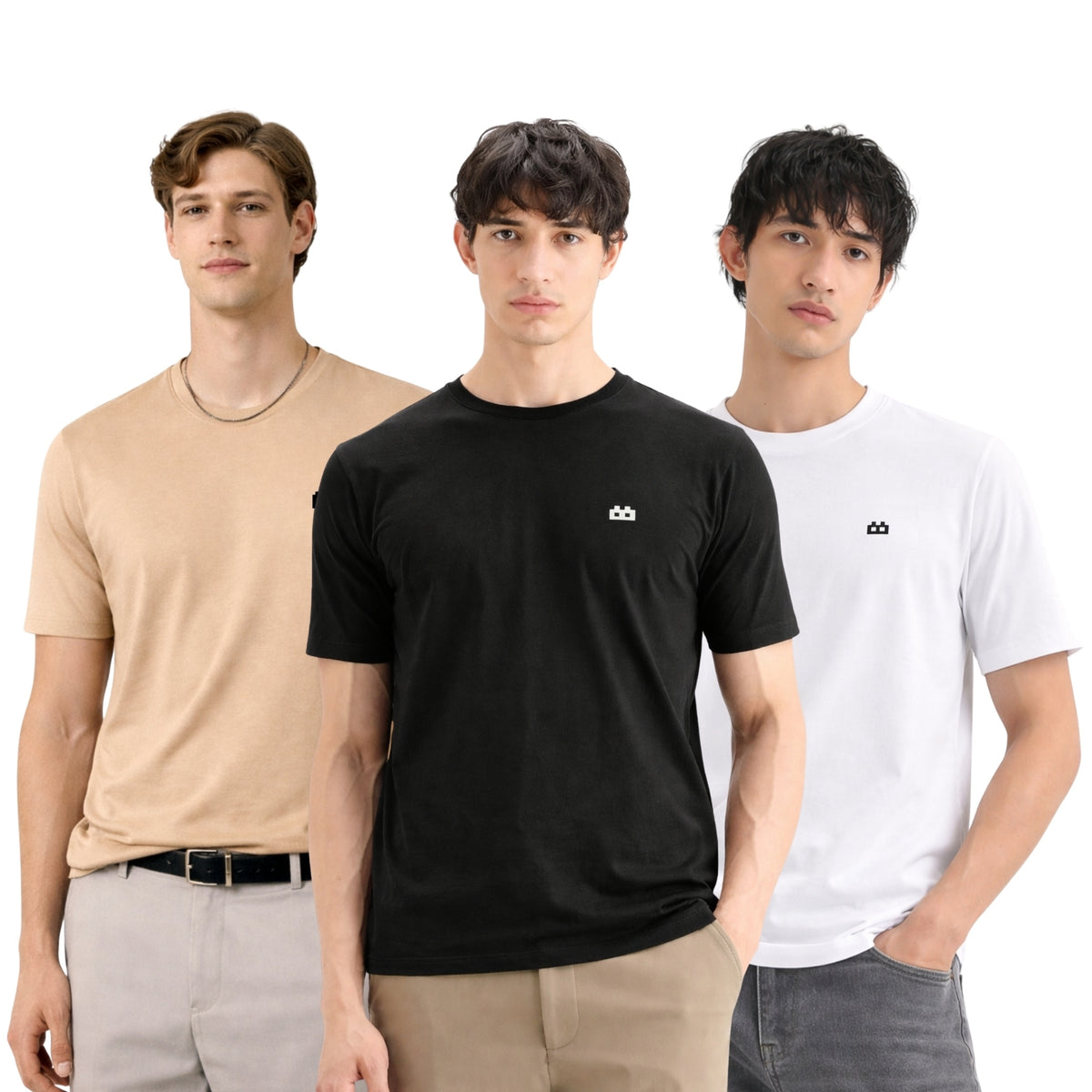 Boxy Crew Men 100% Cotton Regular Fit Round Neck Half Sleeve Solid T-Shirt Combo Pack of 3 | Beige + Black Core product view 3