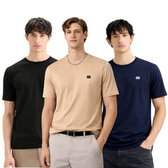 Boxy Crew Men 100% Cotton Regular Fit Round Neck Half Sleeve Solid T-Shirt Combo Pack of 3 | Beige + Black Core product view 3