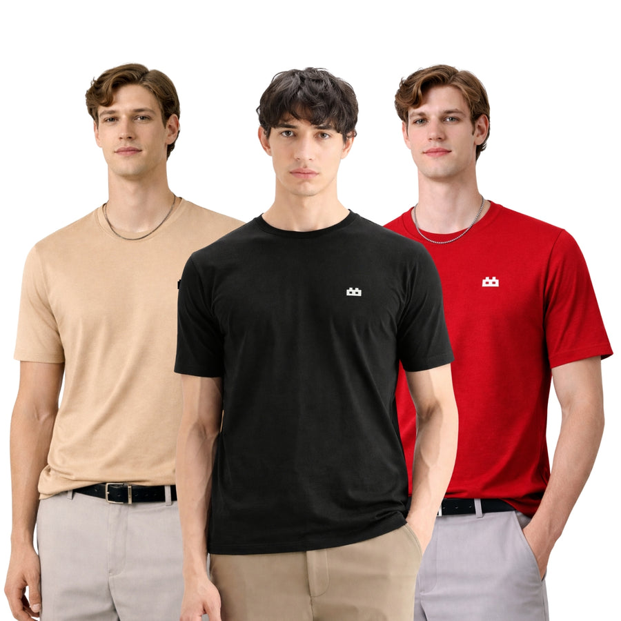 Boxy Crew Men 100% Cotton Regular Fit Round Neck Half Sleeve Solid T-Shirt Combo Pack of 3 | Beige + Black Core product view 3