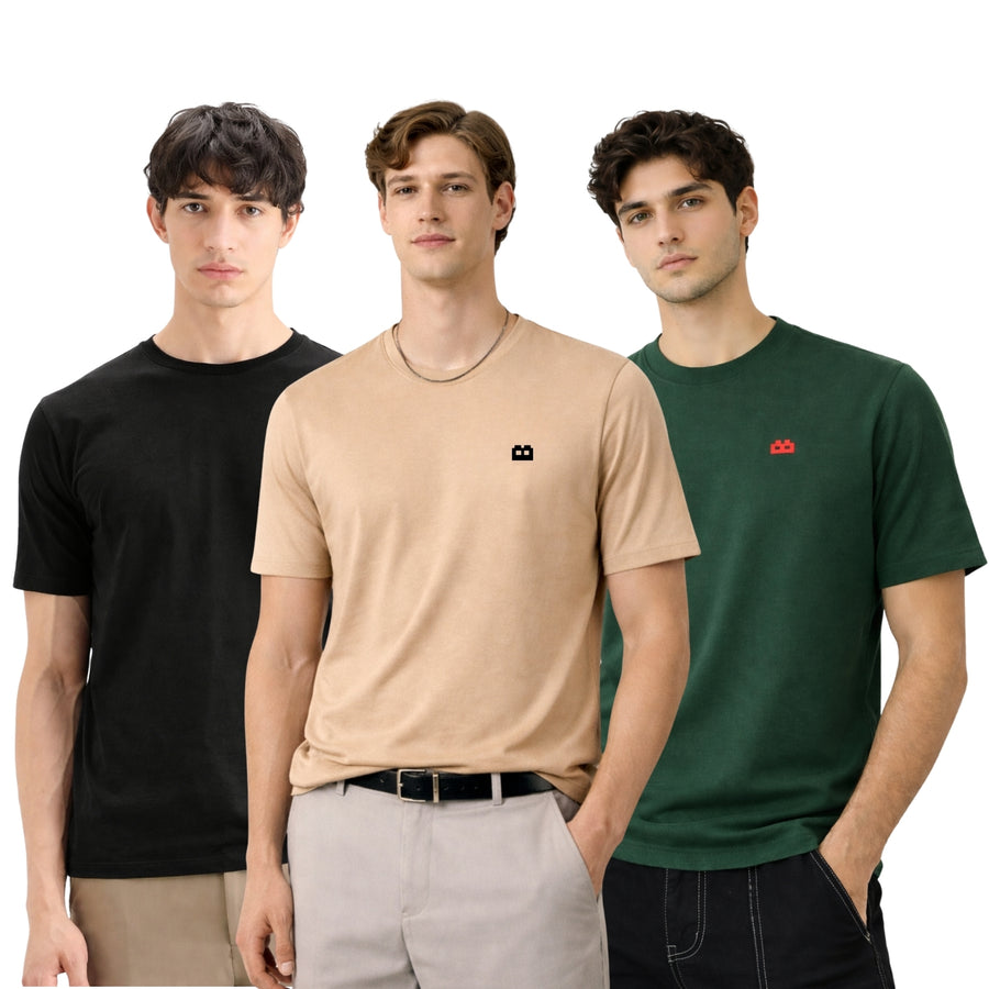 Boxy Crew Men 100% Cotton Regular Fit Round Neck Half Sleeve Solid T-Shirt Combo Pack of 3 | Beige + Black Accent product view 3