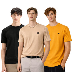 Boxy Crew Men 100% Cotton Regular Fit Round Neck Half Sleeve Solid T-Shirt Combo Pack of 3 | Beige + Black Accent product view 3