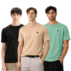 Boxy Crew Men 100% Cotton Regular Fit Round Neck Half Sleeve Solid T-Shirt Combo Pack of 3 | Beige + Black Accent product view 2