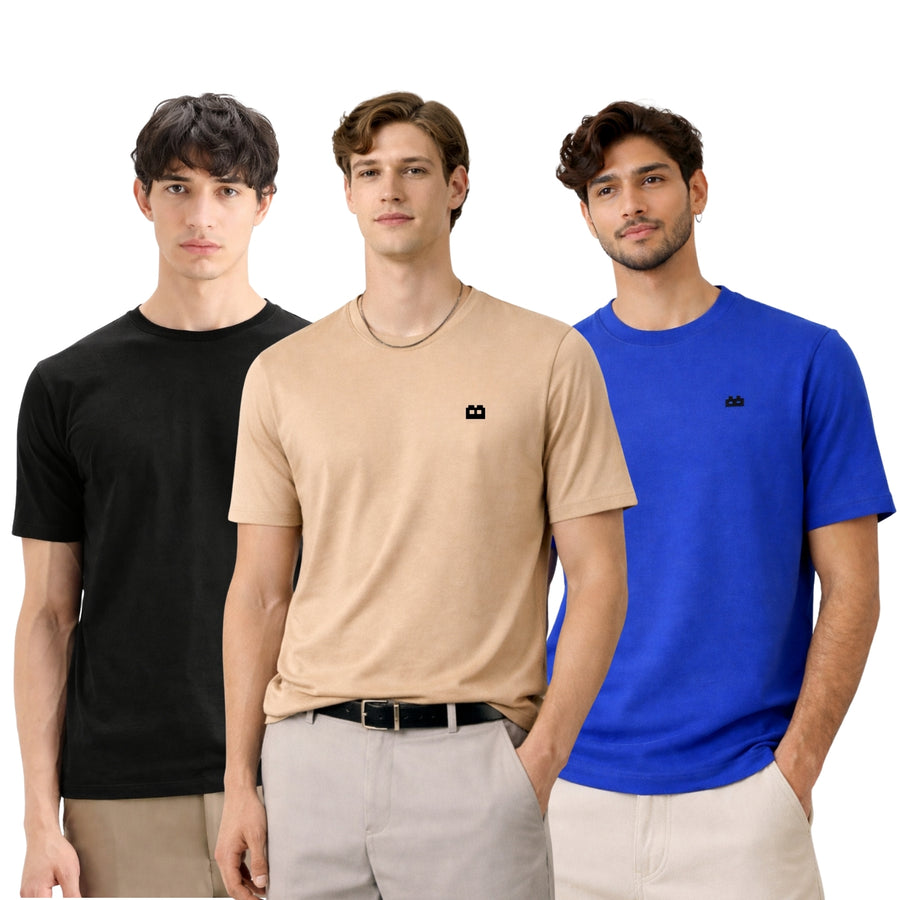 Boxy Crew Men 100% Cotton Regular Fit Round Neck Half Sleeve Solid T-Shirt Combo Pack of 3 | Beige + Black Accent product view 3