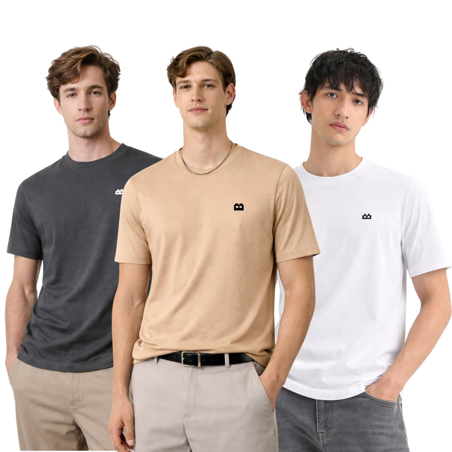 Boxy Crew Men 100% Cotton Regular Fit Round Neck Half Sleeve Solid T-Shirt Combo Pack of 3 | Beige + Charcoal Grey Mixed product view 3
