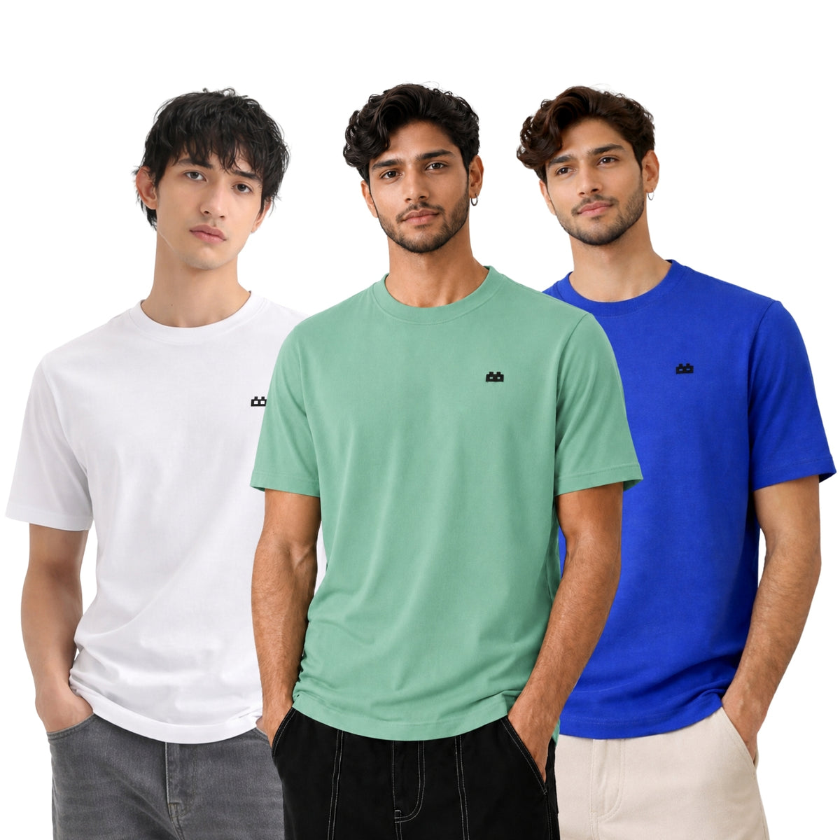 Boxy Crew Men 100% Cotton Regular Fit Round Neck Half Sleeve Solid T-Shirt Combo Pack of 3 | White + Royal Blue Accent product view 3