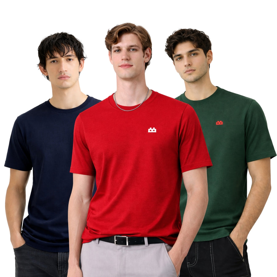 Boxy Crew Men 100% Cotton Regular Fit Round Neck Half Sleeve Solid T-Shirt Combo Pack of 3 | Navy Blue + Maroon Accent product view 3