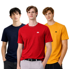 Boxy Crew Men 100% Cotton Regular Fit Round Neck Half Sleeve Solid T-Shirt Combo Pack of 3 | Navy Blue + Maroon Accent product view 3