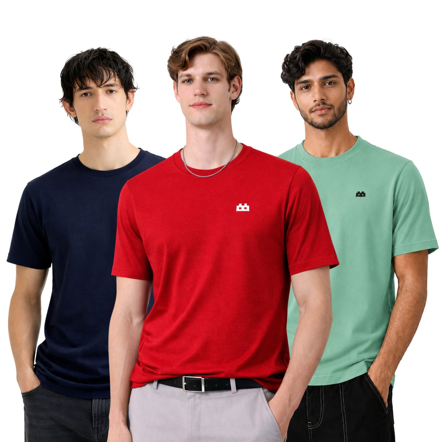 Boxy Crew Men 100% Cotton Regular Fit Round Neck Half Sleeve Solid T-Shirt Combo Pack of 3 | Navy Blue + Maroon Accent product view 3