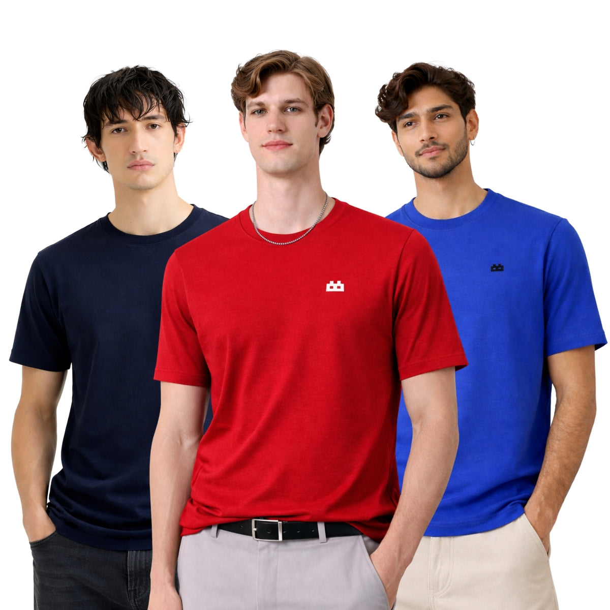 Boxy Crew Men 100% Cotton Regular Fit Round Neck Half Sleeve Solid T-Shirt Combo Pack of 3 | Navy Blue + Maroon Accent front studio view