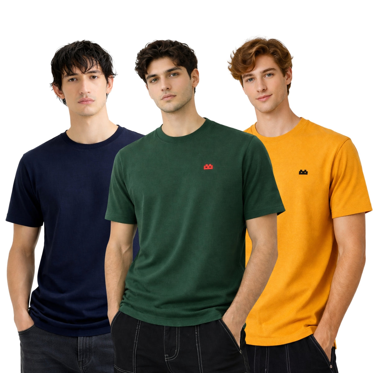Boxy Crew Men 100% Cotton Regular Fit Round Neck Half Sleeve Solid T-Shirt Combo Pack of 3 | Navy Blue + Green Accent product view 5