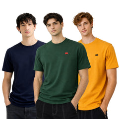 Boxy Crew Men 100% Cotton Regular Fit Round Neck Half Sleeve Solid T-Shirt Combo Pack of 3 | Navy Blue + Green Accent product view 5