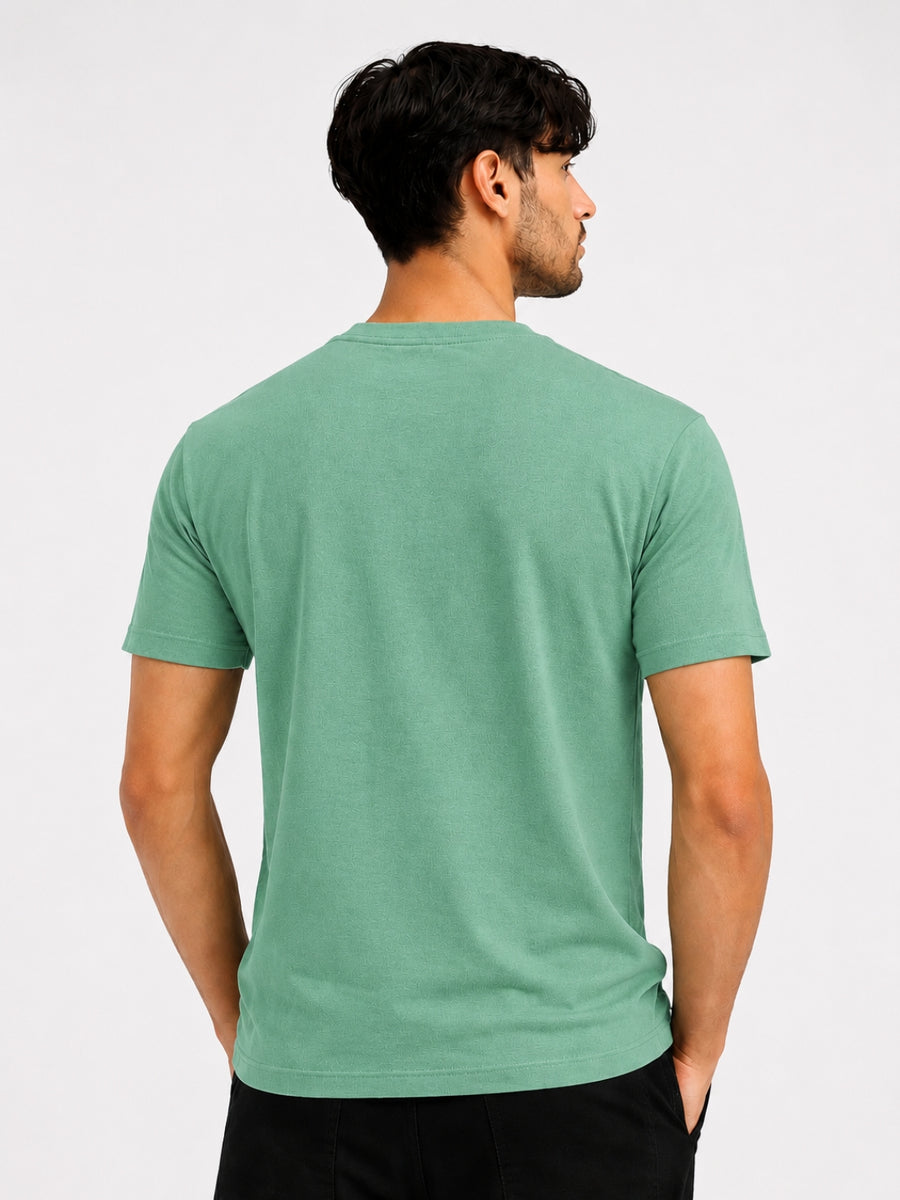 Boxy Crew Men 100% Cotton Regular Fit Round Neck Half Sleeve Solid T-Shirt Combo Pack of 3 | Navy Blue + Green Accent front studio view
