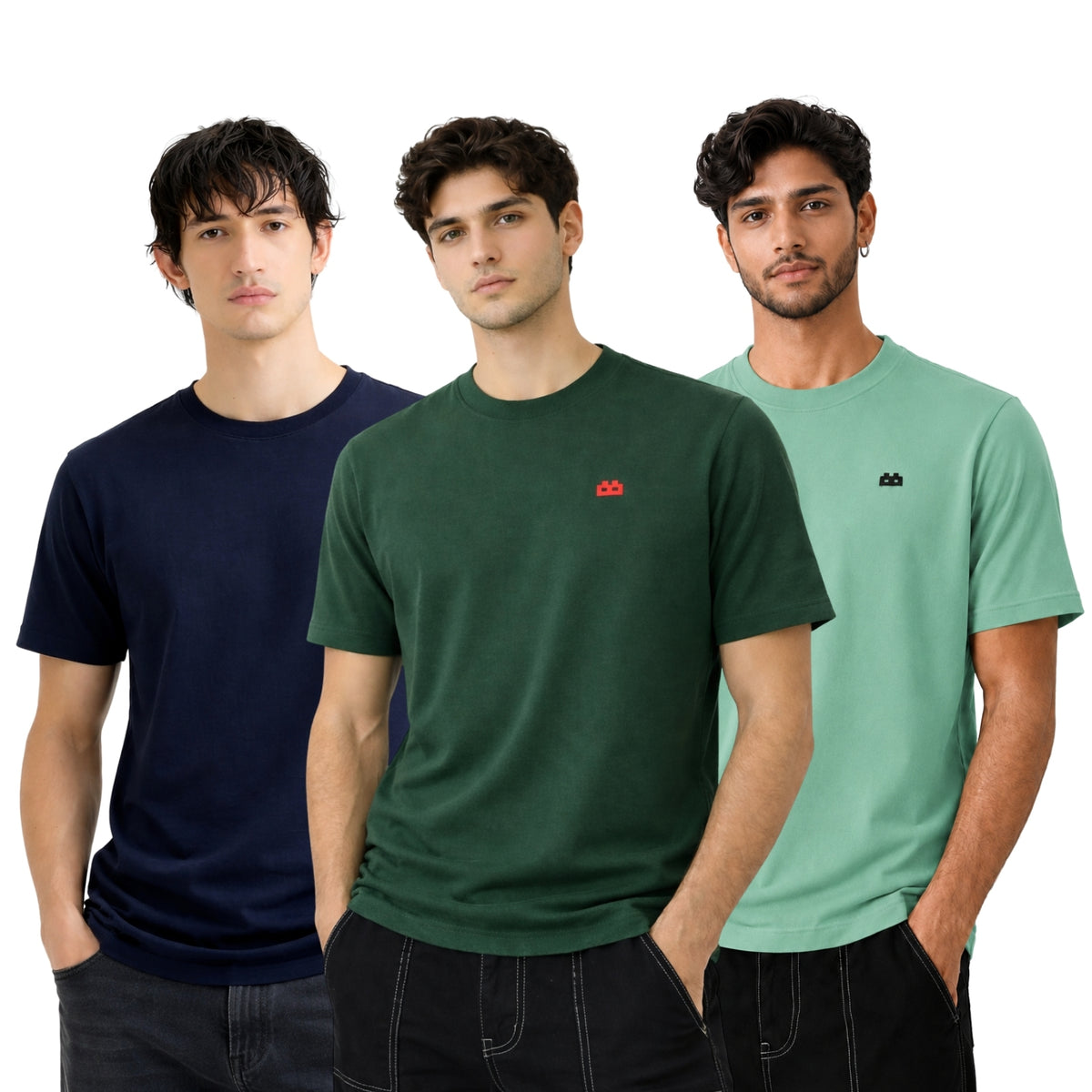 Boxy Crew Men 100% Cotton Regular Fit Round Neck Half Sleeve Solid T-Shirt Combo Pack of 3 | Navy Blue + Green Accent product view 3