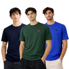Boxy Crew Men 100% Cotton Regular Fit Round Neck Half Sleeve Solid T-Shirt Combo Pack of 3 | Navy Blue + Green Accent product view 3