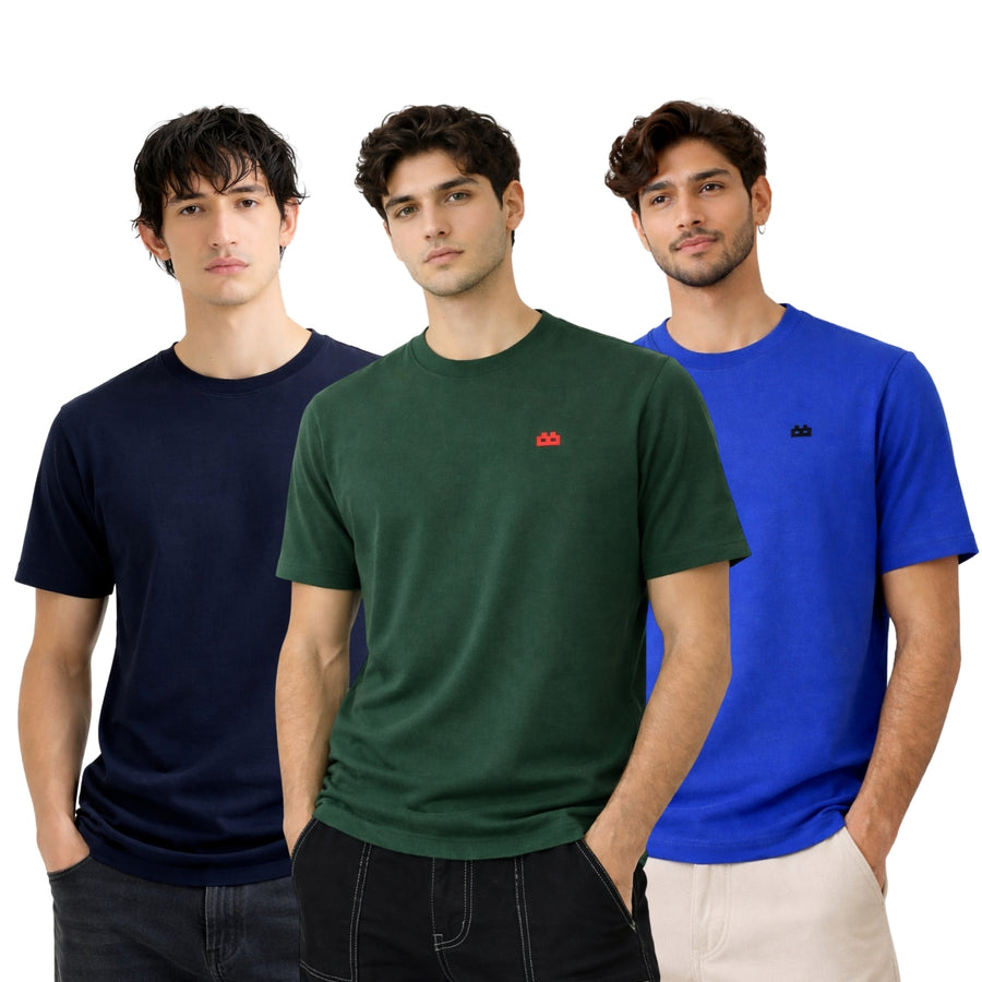 Boxy Crew Men 100% Cotton Regular Fit Round Neck Half Sleeve Solid T-Shirt Combo Pack of 3 | Navy Blue + Green Accent product view 3