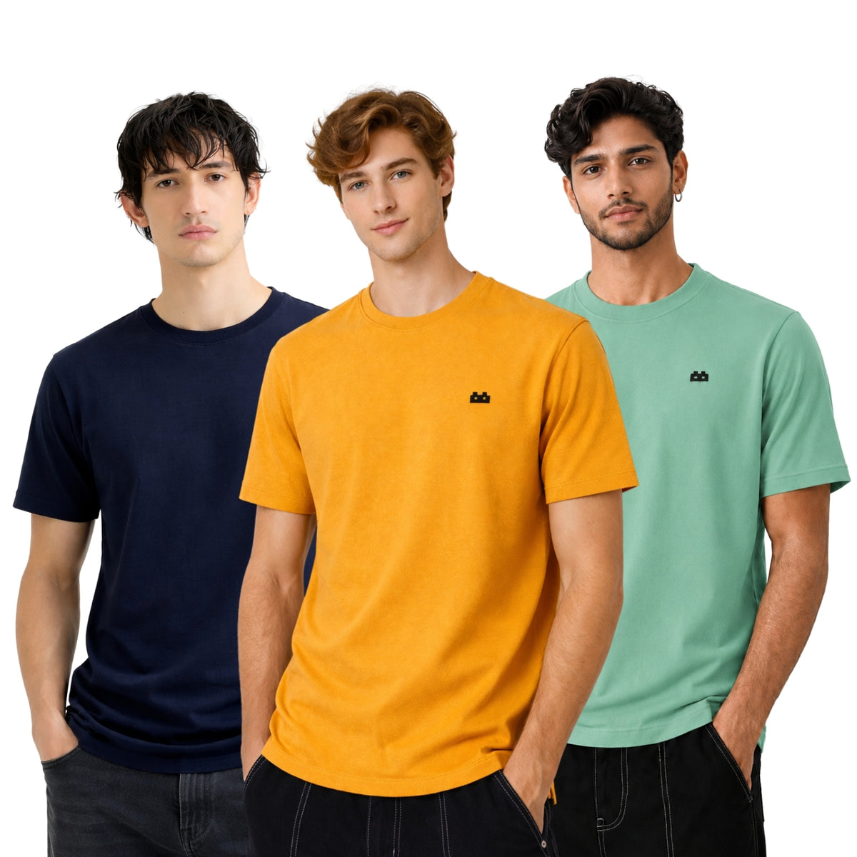 Boxy Crew Men 100% Cotton Regular Fit Round Neck Half Sleeve Solid T-Shirt Combo Pack of 3 | Navy Blue + Green Accent product view 3