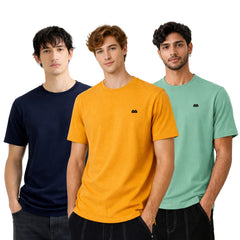 Boxy Crew Men 100% Cotton Regular Fit Round Neck Half Sleeve Solid T-Shirt Combo Pack of 3 | Navy Blue + Green Accent product view 3