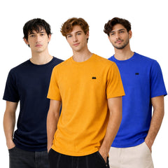 Boxy Crew Men 100% Cotton Regular Fit Round Neck Half Sleeve Solid T-Shirt Combo Pack of 3 | Navy Blue + Mustard Accent product view 3