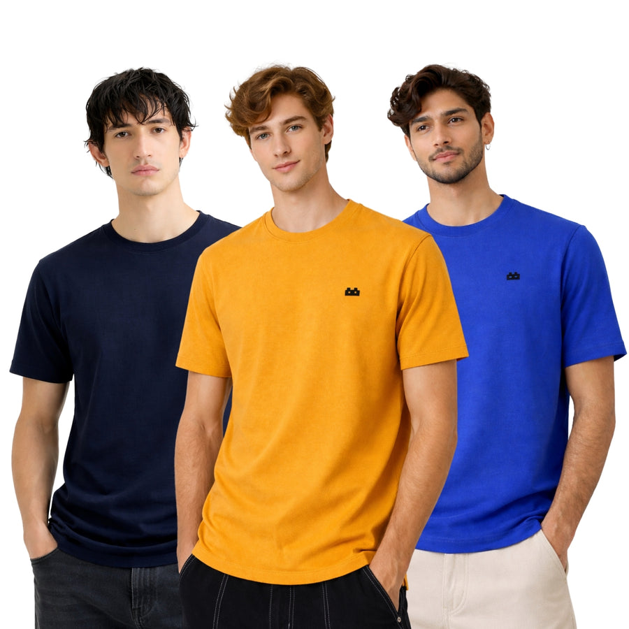 Boxy Crew Men 100% Cotton Regular Fit Round Neck Half Sleeve Solid T-Shirt Combo Pack of 3 | Navy Blue + Mustard Accent product view 3