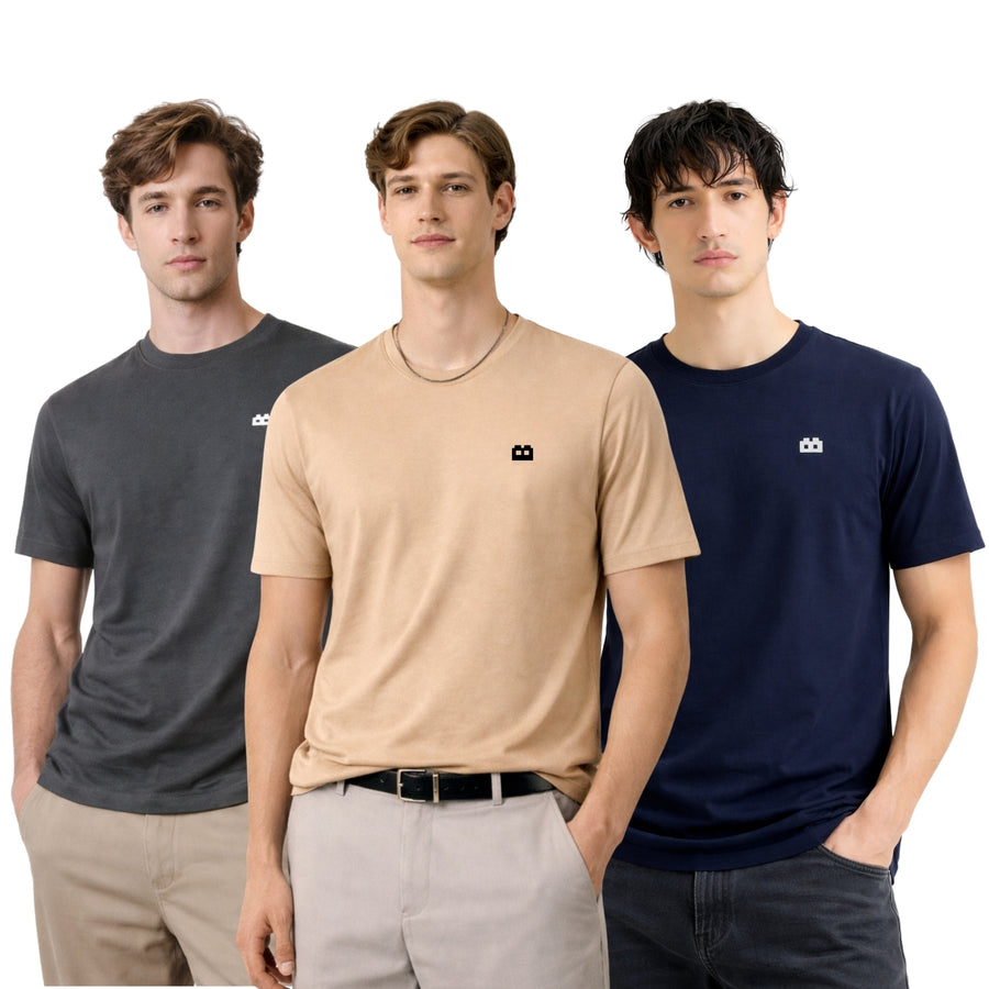 Boxy Crew Men 100% Cotton Regular Fit Round Neck Half Sleeve Solid T-Shirt Combo Pack of 3 | Beige + Charcoal Grey Mixed product view 3