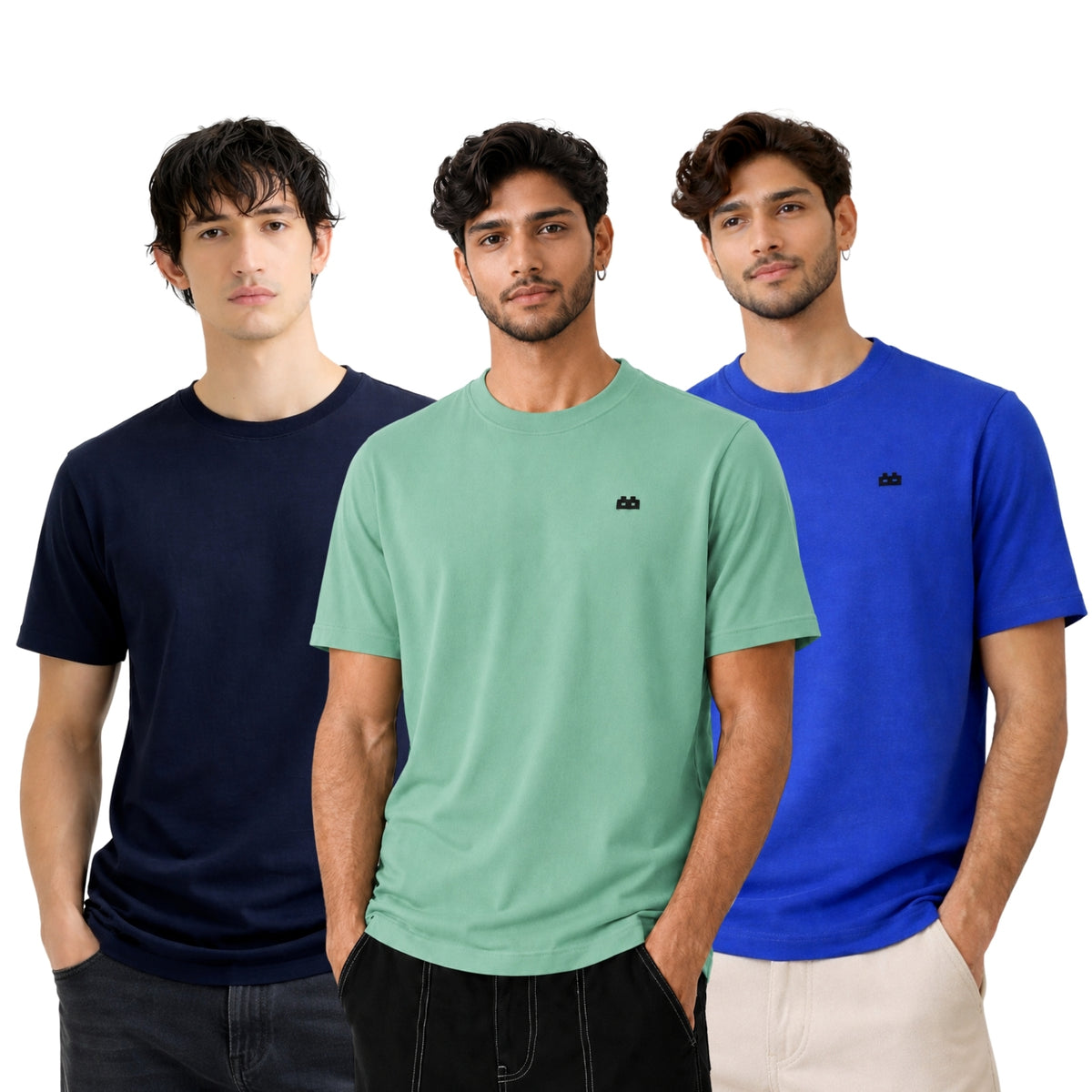Boxy Crew Men 100% Cotton Regular Fit Round Neck Half Sleeve Solid T-Shirt Combo Pack of 3 | Navy Blue + Mustard Accent product view 3