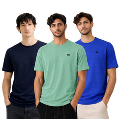 Boxy Crew Men 100% Cotton Regular Fit Round Neck Half Sleeve Solid T-Shirt Combo Pack of 3 | Navy Blue + Mustard Accent product view 3