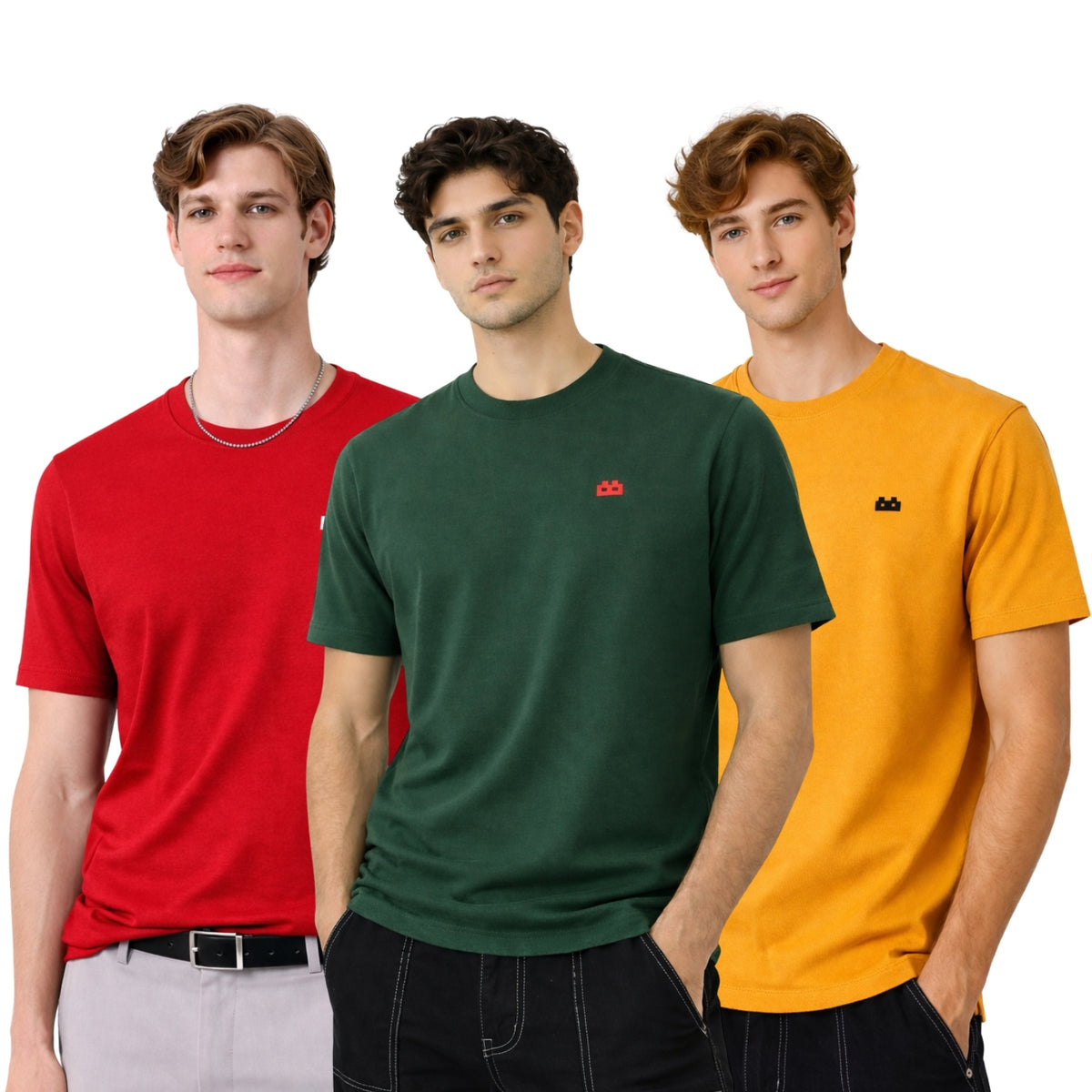 Boxy Crew Men 100% Cotton Regular Fit Round Neck Half Sleeve Solid T-Shirt Combo Pack of 3 | Navy Blue + Mustard Accent product view 5