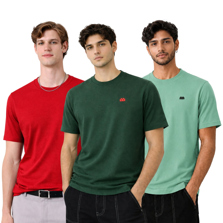 Boxy Crew Men 100% Cotton Regular Fit Round Neck Half Sleeve Solid T-Shirt Combo Pack of 3 | Navy Blue + Mustard Accent product view 3