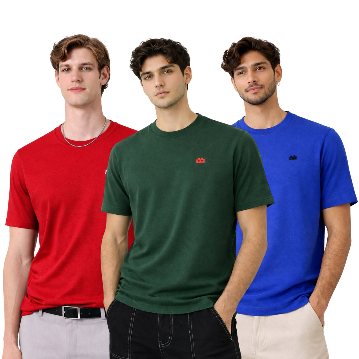 Boxy Crew Men 100% Cotton Regular Fit Round Neck Half Sleeve Solid T-Shirt Combo Pack of 3 | Maroon + Royal Blue Accent product view 3