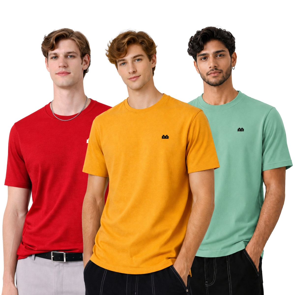 Boxy Crew Men 100% Cotton Regular Fit Round Neck Half Sleeve Solid T-Shirt Combo Pack of 3 | Maroon + Royal Blue Accent product view 3