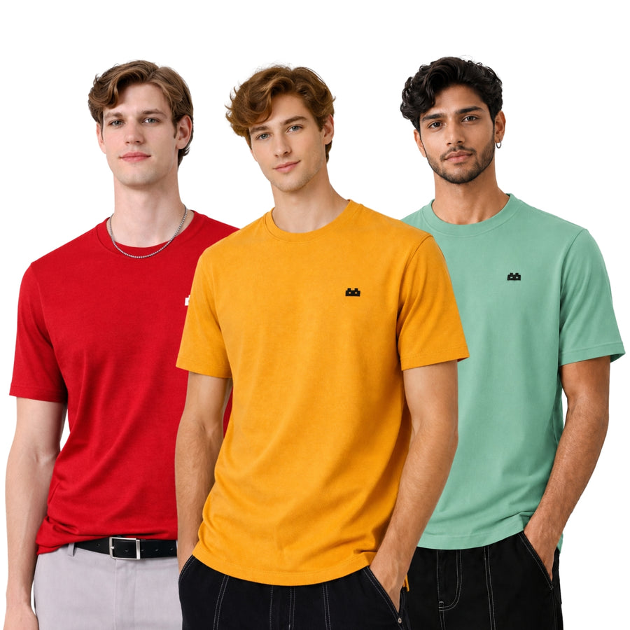 Boxy Crew Men 100% Cotton Regular Fit Round Neck Half Sleeve Solid T-Shirt Combo Pack of 3 | Maroon + Royal Blue Accent product view 3