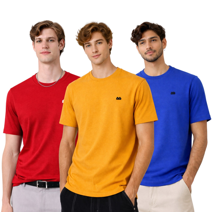 Boxy Crew Men 100% Cotton Regular Fit Round Neck Half Sleeve Solid T-Shirt Combo Pack of 3 | Maroon + Royal Blue Accent product view 3