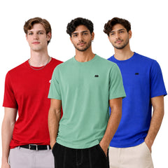 Boxy Crew Men 100% Cotton Regular Fit Round Neck Half Sleeve Solid T-Shirt Combo Pack of 3 | Maroon + Royal Blue Accent product view 2