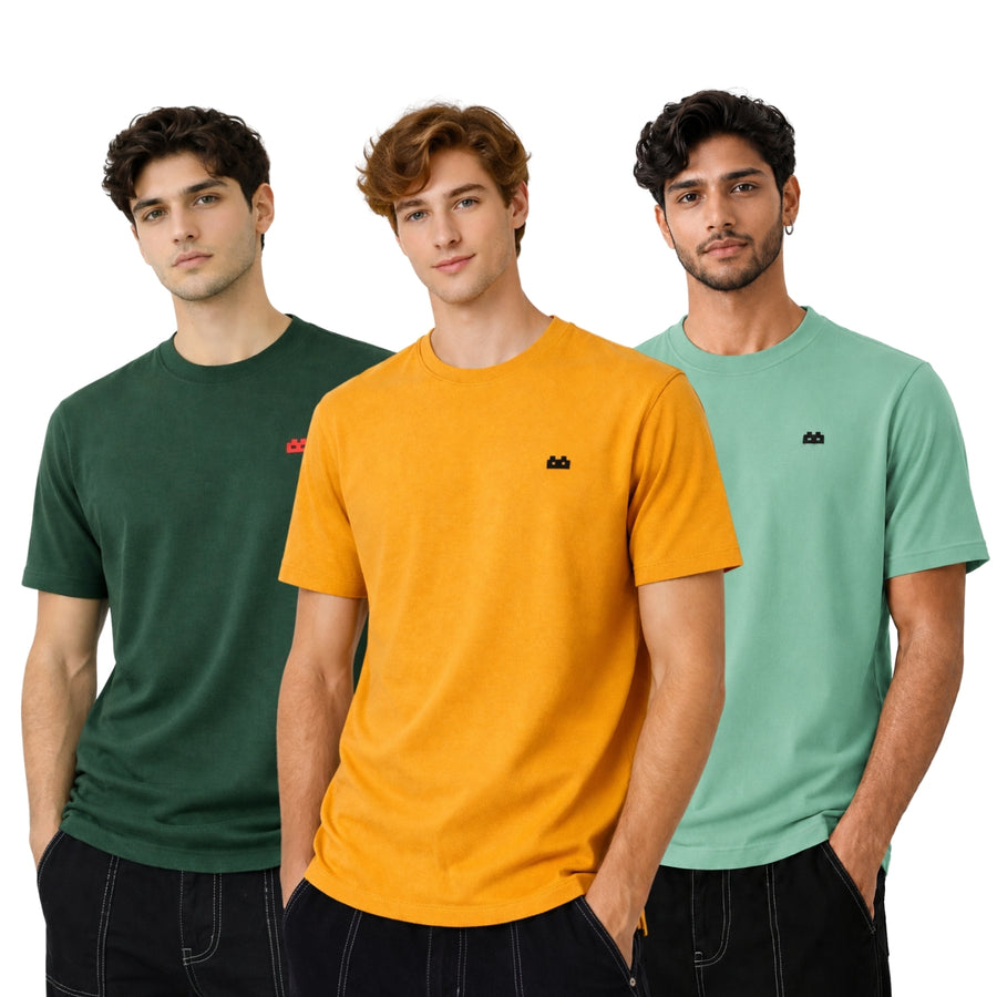 Boxy Crew Men 100% Cotton Regular Fit Round Neck Half Sleeve Solid T-Shirt Combo Pack of 3 | Green + Mustard Accent product view 2