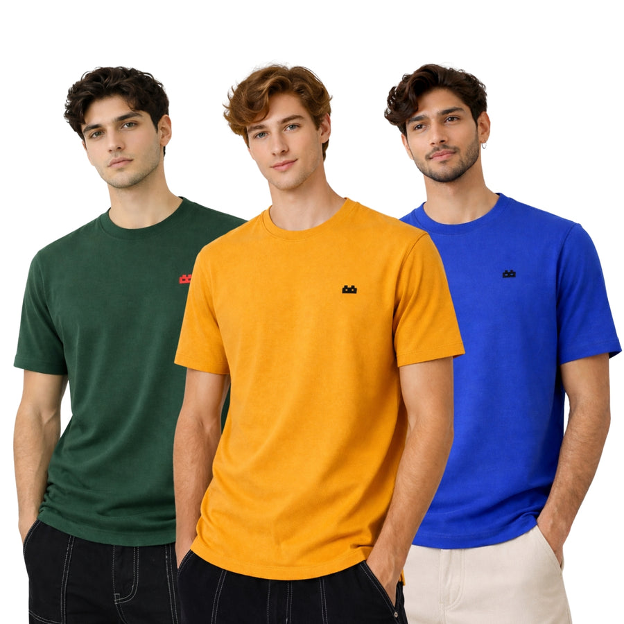 Boxy Crew Men 100% Cotton Regular Fit Round Neck Half Sleeve Solid T-Shirt Combo Pack of 3 | Green + Mustard Accent front studio view