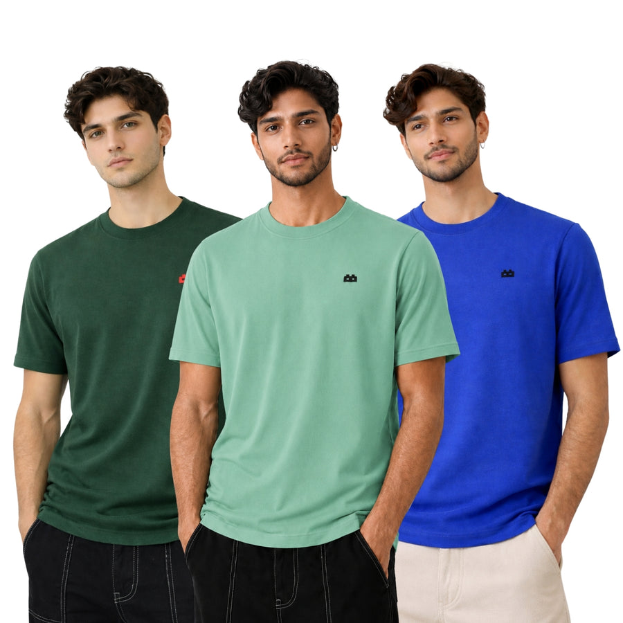 Boxy Crew Men 100% Cotton Regular Fit Round Neck Half Sleeve Solid T-Shirt Combo Pack of 3 | Green + Mustard Accent product view 2
