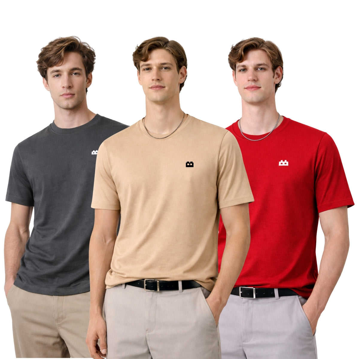 Boxy Crew Men 100% Cotton Regular Fit Round Neck Half Sleeve Solid T-Shirt Combo Pack of 3 | Beige + Charcoal Grey Mixed product view 3