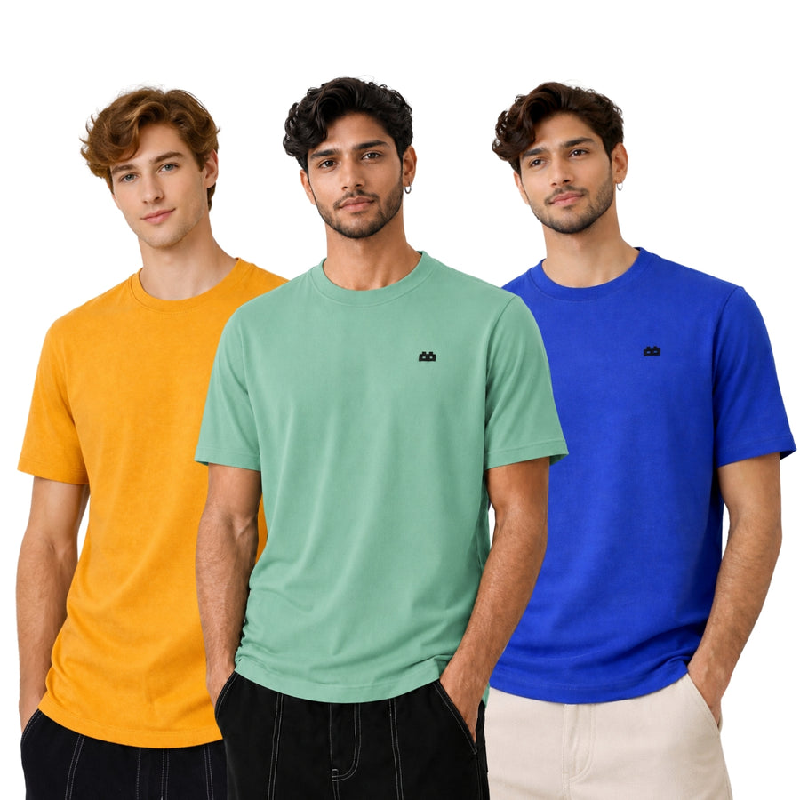 Boxy Crew Men 100% Cotton Regular Fit Round Neck Half Sleeve Solid T-Shirt Combo Pack of 3 | Green + Mustard Accent product view 2