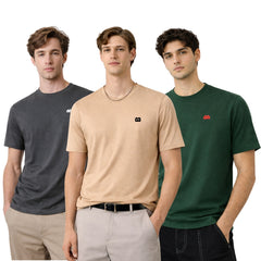 Boxy Crew Men 100% Cotton Regular Fit Round Neck Half Sleeve Solid T-Shirt Combo Pack of 3 | Beige + Charcoal Grey Mixed product view 3
