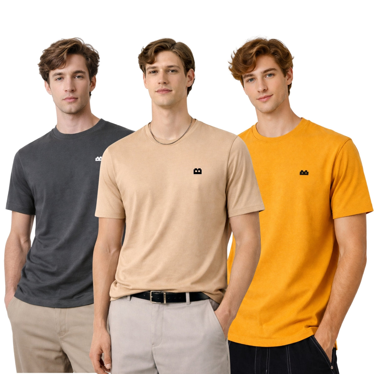 Boxy Crew Men 100% Cotton Regular Fit Round Neck Half Sleeve Solid T-Shirt Combo Pack of 3 | Beige + Charcoal Grey Accent product view 3