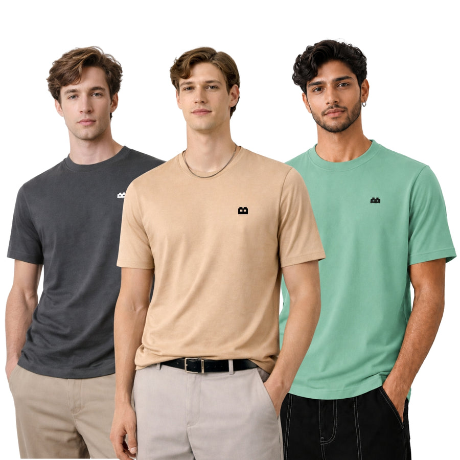 Boxy Crew Men 100% Cotton Regular Fit Round Neck Half Sleeve Solid T-Shirt Combo Pack of 3 | Beige + Charcoal Grey Accent product view 2