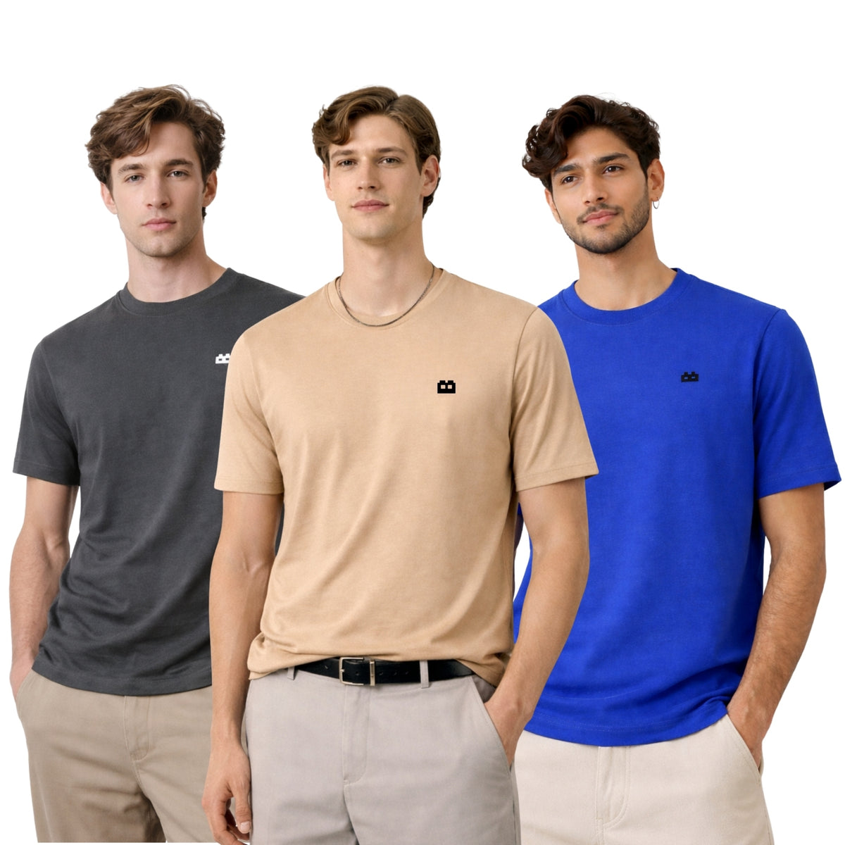 Boxy Crew Men 100% Cotton Regular Fit Round Neck Half Sleeve Solid T-Shirt Combo Pack of 3 | Beige + Charcoal Grey Accent product view 3