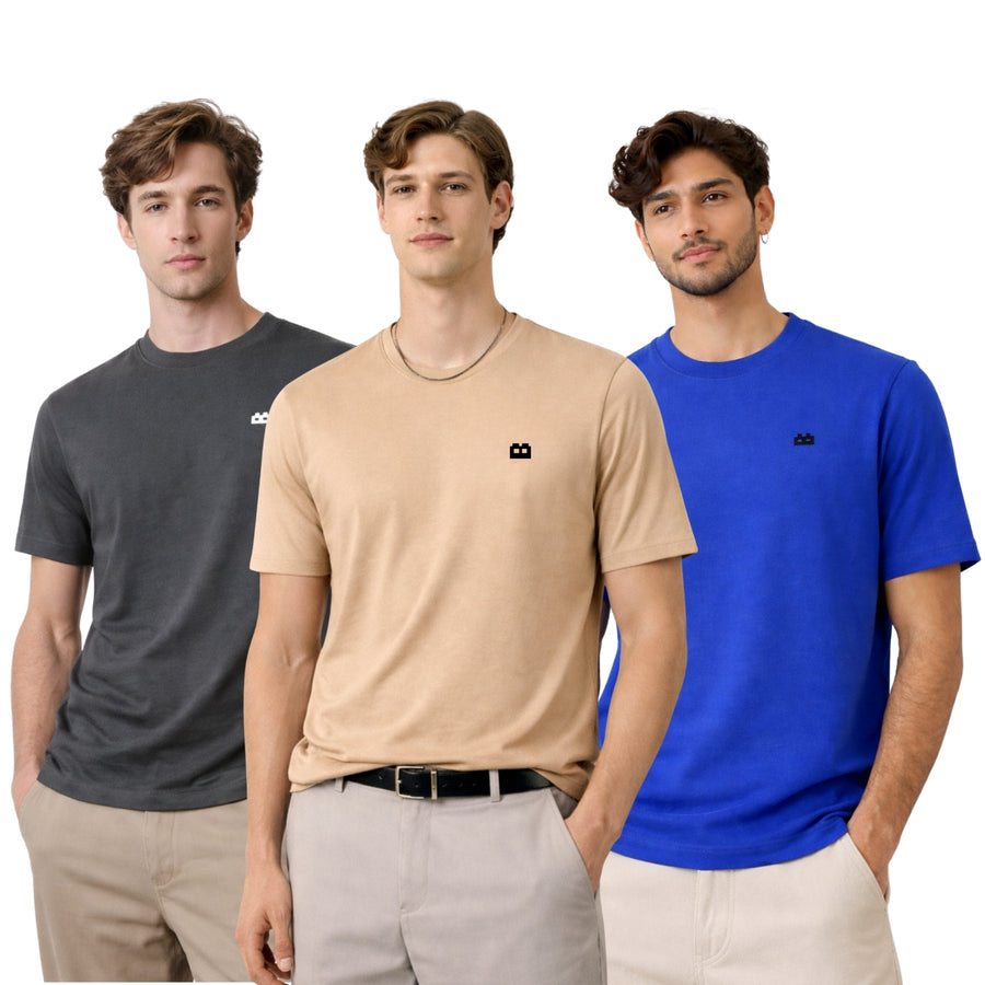 Boxy Crew Men 100% Cotton Regular Fit Round Neck Half Sleeve Solid T-Shirt Combo Pack of 3 | Beige + Charcoal Grey Accent product view 3