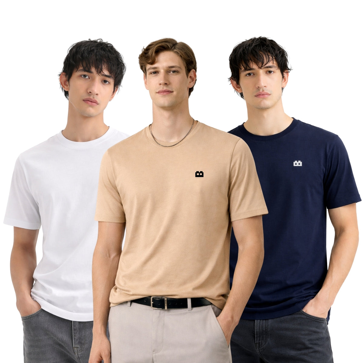 Boxy Crew Men 100% Cotton Regular Fit Round Neck Half Sleeve Solid T-Shirt Combo Pack of 3 | Beige + Charcoal Grey Accent product view 3