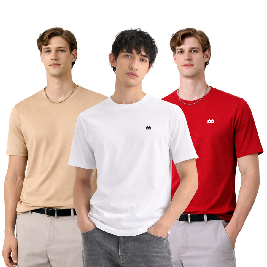 Boxy Crew Men 100% Cotton Regular Fit Round Neck Half Sleeve Solid T-Shirt Combo Pack of 3 | Beige + White Accent product view 3