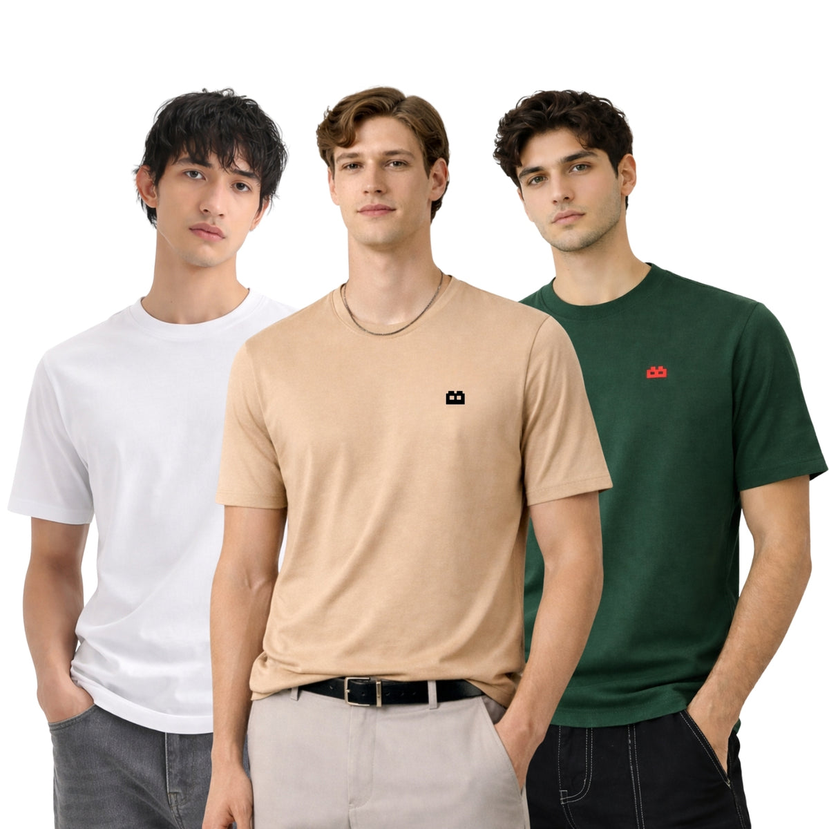 Boxy Crew Men 100% Cotton Regular Fit Round Neck Half Sleeve Solid T-Shirt Combo Pack of 3 | Beige + White Accent product view 3