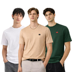 Boxy Crew Men 100% Cotton Regular Fit Round Neck Half Sleeve Solid T-Shirt Combo Pack of 3 | Beige + White Accent product view 3