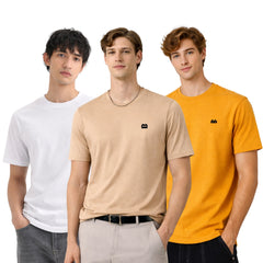 Boxy Crew Men 100% Cotton Regular Fit Round Neck Half Sleeve Solid T-Shirt Combo Pack of 3 | Beige + White Accent product view 3